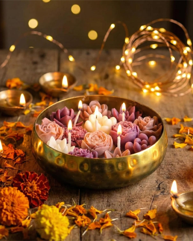 Rosette Radiance Metal Urli Candle – Rose Mosaic Scent | Hand-Poured Coco Soy Wax